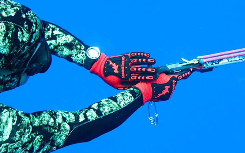 Freediver with a speargun and HammerHead Spearguns gloves in Kauai