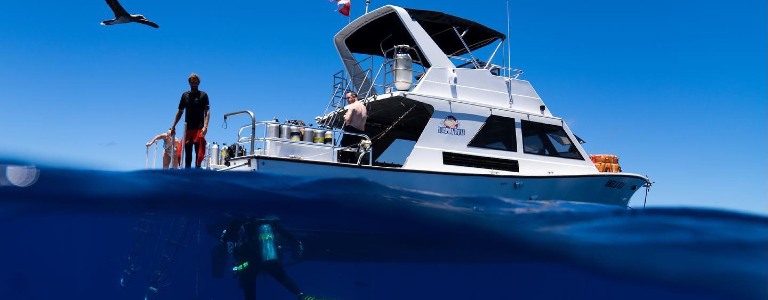 Over-Under view of the Seasport Divers' boat with scuba divers in the water ready to dive kauai