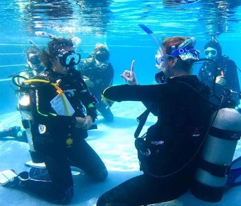 scuba divers practicing skills in the swimming pool before doing the same in the ocean of Kauai