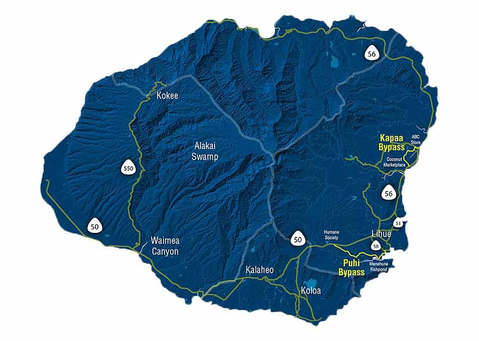 Map image of the island of Kauai with markers for the scuba diving sites in Kauai
