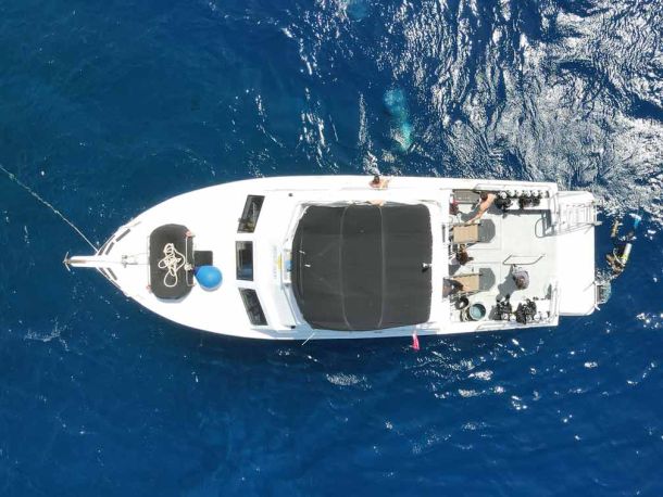 Aerial top view of the Seasport Divers scuba diving boat