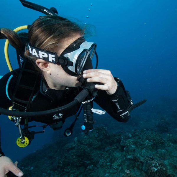 Scuba diving girl looking at the fish underwater while diving Niihau